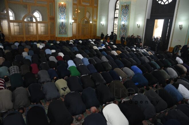 Festive prayer performed at Teze Pir mosque  Azerbaijan Baku april  10 2024
